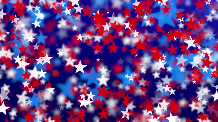 Blurred red, white, and blue stars floating white background for USA celebrations like 4th of July, Memorial Day, Veteran's Day, or other patriotic US American holidays.