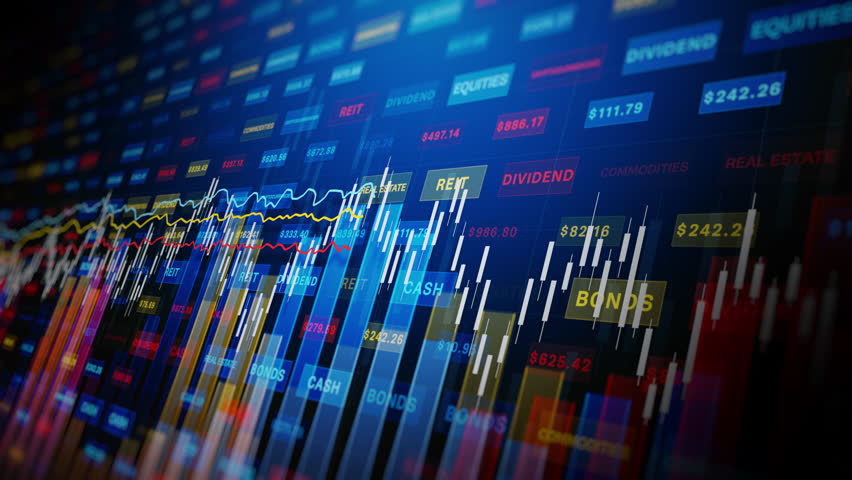 Financial market charts display background, Business financial investment charts display various commodities, equities, and indices with fluctuating values and digital data.