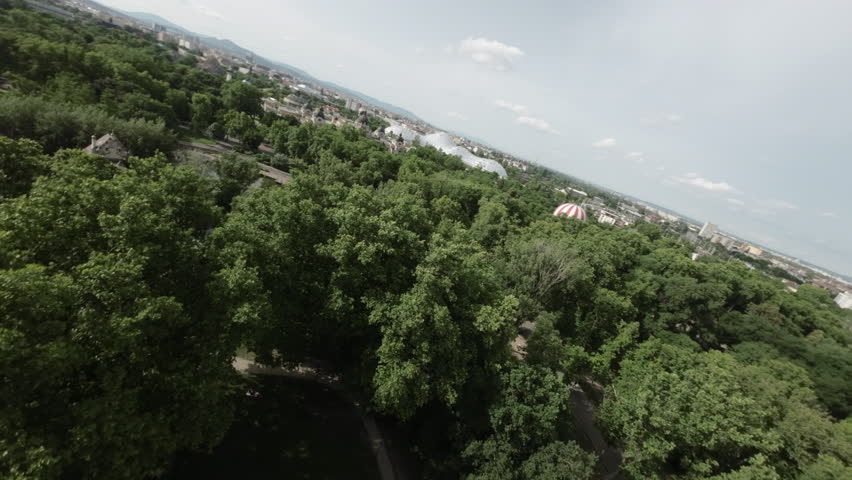The video opens with an aerial view of Budapest City Park, Hungary. The lush green trees and tranquil waters of the lake create a picturesque landscape. The camera pans to reveal the parks many