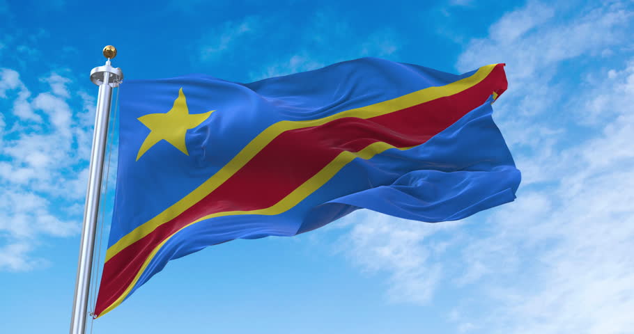 Flag of Congo Democratic realistic waving in the wind with sky background (Perfect Loop)