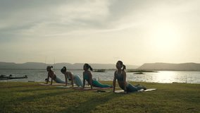 A group of people are doing yoga on a grassy field near a body of water. The scene is peaceful and serene, with the sun shining down on the group. The people are all focused on their yoga poses - Powered by Shutterstock - Get 15% off with code: PIKWIZARD15
