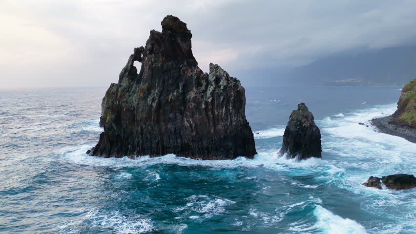 Ribeira da Janela volcanic rock in Atlantic ocean on Madeira Island Portugal, Aerial view