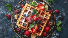 Top view of delicious Belgian waffles topped with fresh strawberries, blueberries, raspberries, and mint leaves. A perfect breakfast or brunch option. - Powered by Shutterstock - Get 15% off with code: PIKWIZARD15