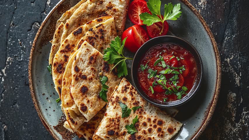 Top-down view of appetizing quesadillas served with fresh tomato salsa and garnished with parsley on a rustic plate.