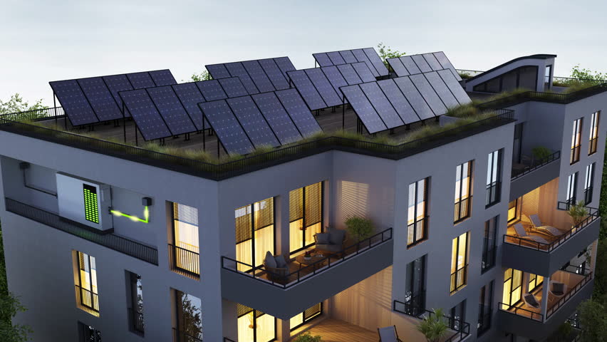 Modern residential building with solar panels and storage batteries