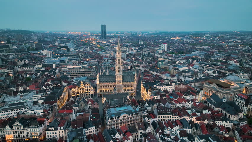 Aerial View of the Grand Place in Brussels, Europe. Famous landmark in Bruxelles.