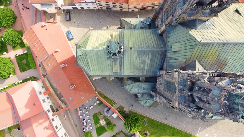 Towers of Cathedral of St Peter and Paul in Brno, Moravia, Czech Republic, aerial top down view