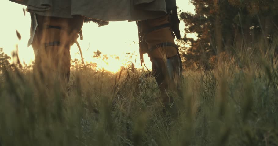 A man in a medieval knight costume stands in a forest with a sword above his head against the background of the blue evening sky. The camera moves from bottom to top