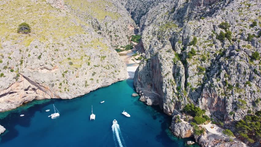 Aerial view Torrent de Pareis, beautiful beach of Cap Formentor, Palma Majorca, Spain
