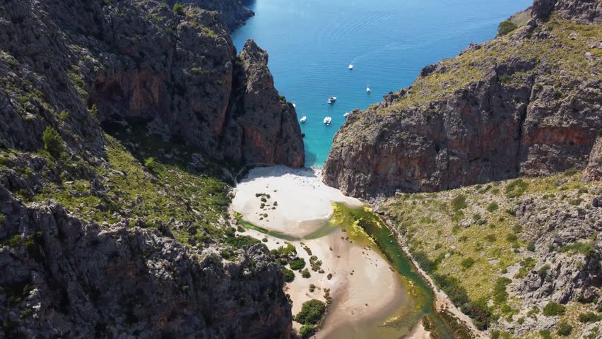 Aerial view Torrent de Pareis, beautiful beach of Cap Formentor, Palma Majorca, Spain