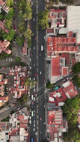 Vertical aerial view of avenues in southern Mexico City, capturing Latin American life