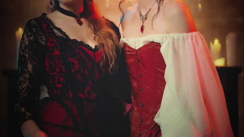 Two Fantasy women smiling face waving hands gesture of invitation to carnival costume theme party night club, creative design black red dress. Happy girl vampire evil woman sexy lips show fangs art 4k