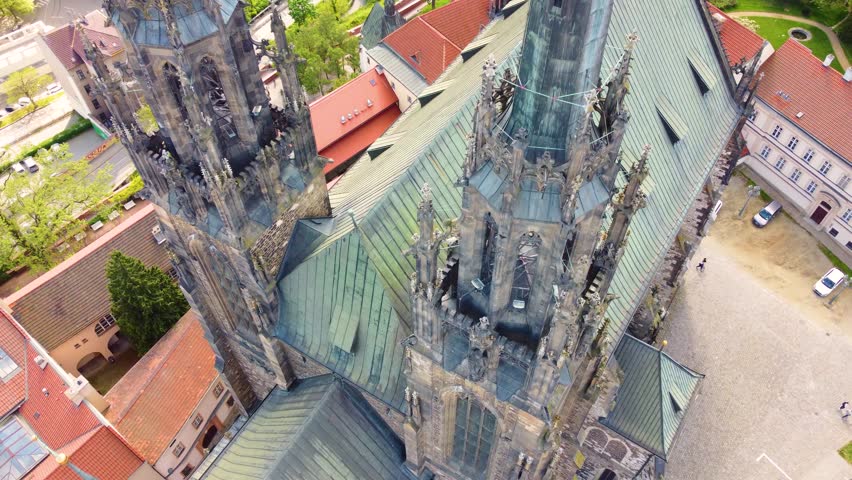 Aerial view of the Cathedral of St. Peter and Paul in Brno in Gothic style