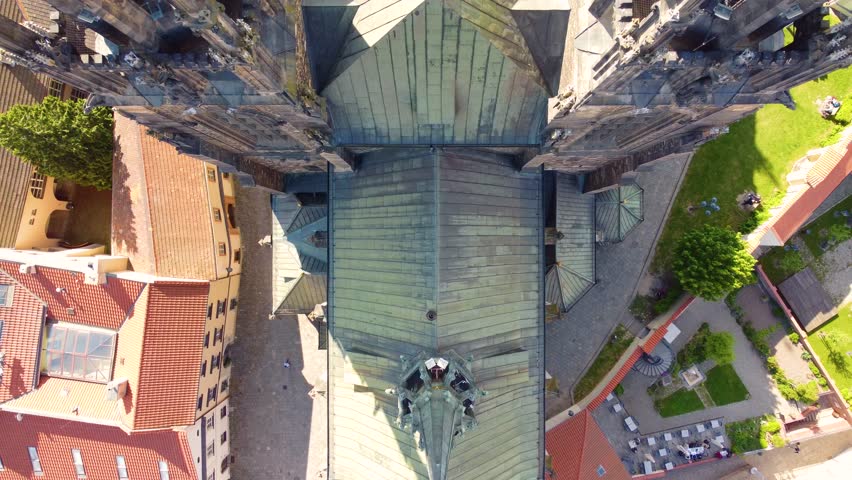 Overhead View Of Cathedral of St. Peter and Paul In Brno, Czech Republic. topdown drone shot