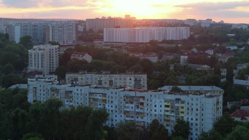 Eastern European flats bulding aparatments aerial view at sunset