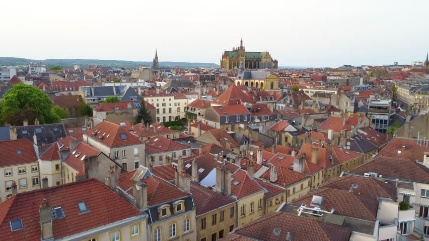 Medieval Townscape With Saint Stephen Catholic Diocese Cathedral In Metz, France. Aerial Drone Shot
