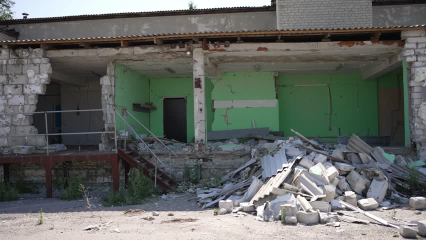 Farm ruins in conflict zone. Concept of war, destruction, contempt