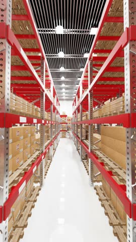 Warehouse and many parcel boxes on shelves and pallets. Stock system in the warehouse. 3d rendering