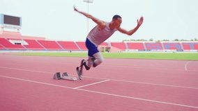 Asian athletes are disabled with prosthetic blades running at stadium. Attractive amputee male runner exercise and practicing workout for Paralympics competition regardless of physical limitations. - Powered by Shutterstock - Get 15% off with code: PIKWIZARD15