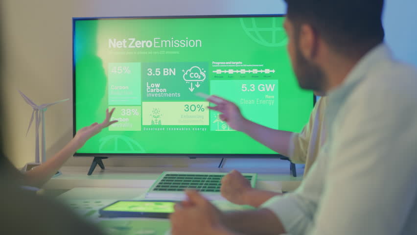 A corporate team is engaged in a strategic discussion around a large screen presenting Net Zero Emission goals, emphasizing renewable energy and sustainability targets. - Powered by Shutterstock - Get 15% off with code: PIKWIZARD15