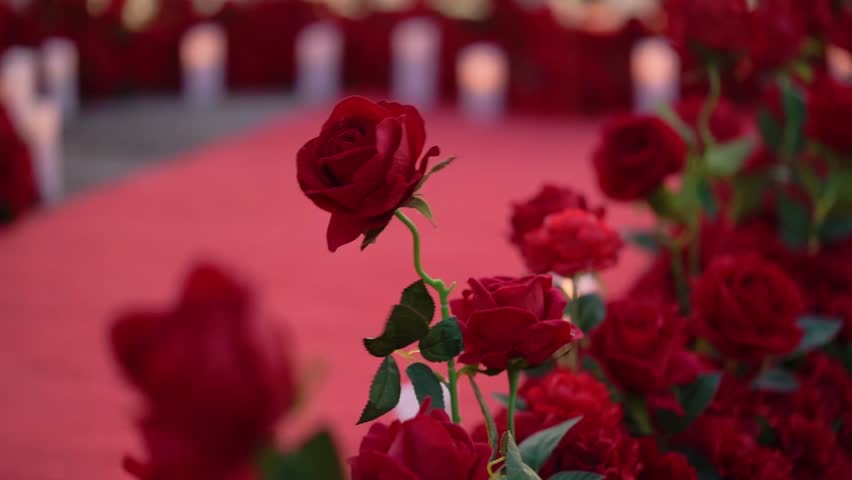 The vibrant red roses against an illuminated LOVE sign create a magnificent and romantic setting, perfect for capturing romance in visual content with adoration, affection, beauty, and passion