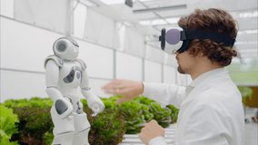 Laboratory technician in a white coat wearing virtual reality headset interacting with humanoid robot near different types of lettuce in a greenhouse farm - Powered by Shutterstock - Get 15% off with code: PIKWIZARD15