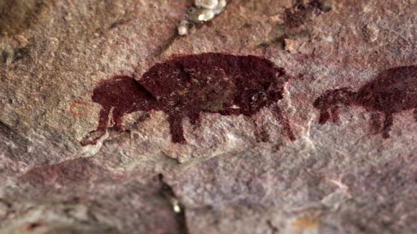 Ancient Rock art of a herd of peccaries pigs at Quitunuquina, Bolivia