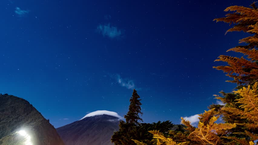 Stars with clouds over the mountains at night. Country side. Time lapse footage.