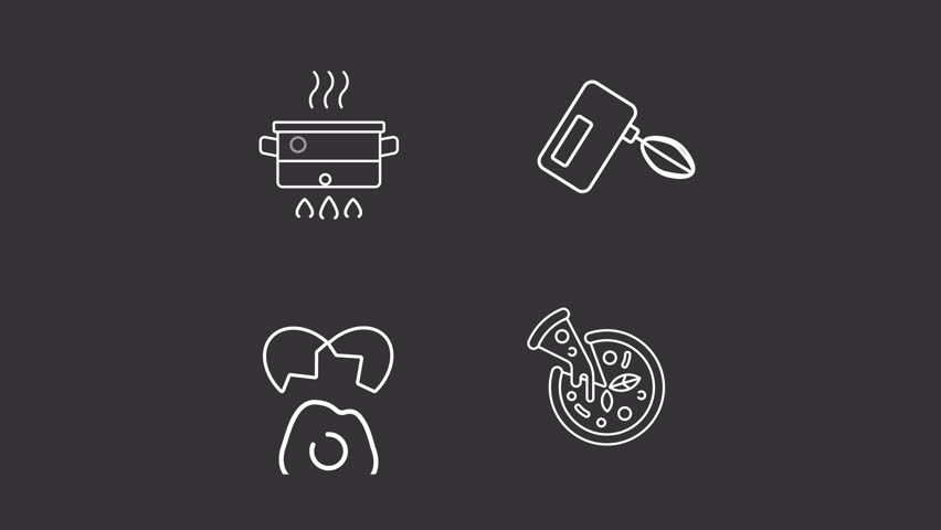 Animated cooking food white icons. Baking equipment line animation library. Frying pan, chopping board. Isolated illustrations on dark background. Transition alpha. HD video. Icon pack