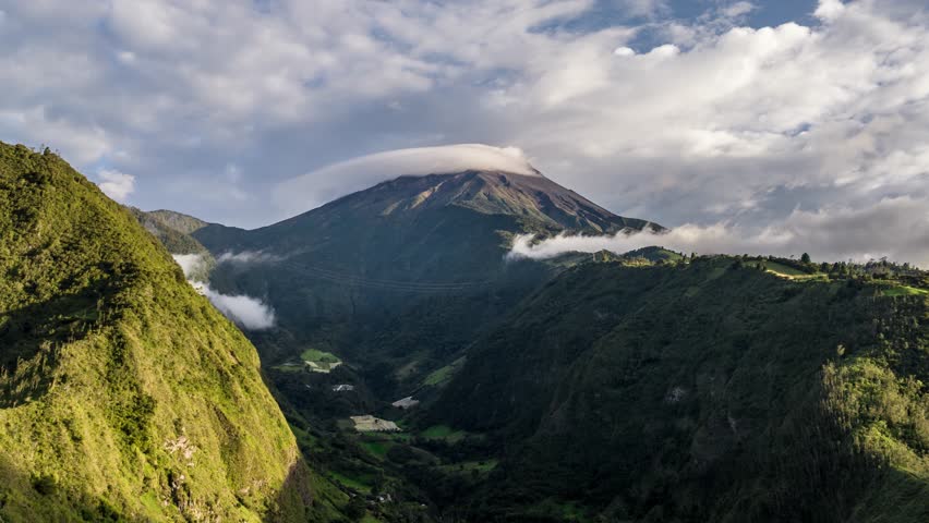 Timelapse footage of eautiful volcanoes in the city of Banos, Ecuador. Amazing sunset.