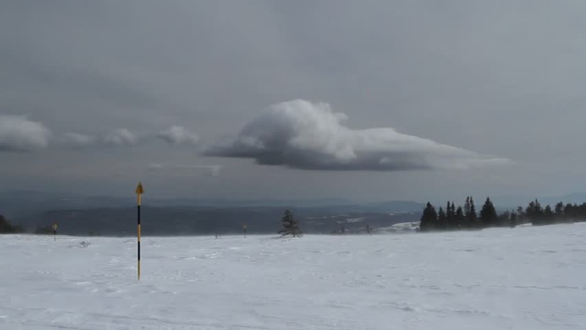 Severe winter blizzard high in the mountain. Fluffy cloud at background. Vitosha mountain, Sofia, Bulgaria.