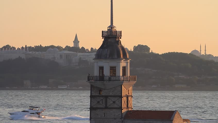Istanbul, Maidens Tower on sunset. Close-up, Tilt to the flag
