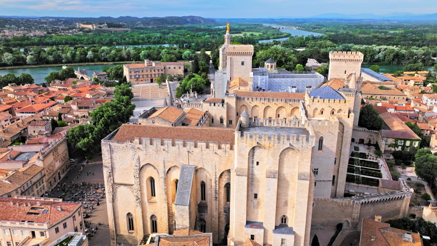 Aerial view of the largest and most important medieval Gothic buildings in Europe. Historical landmark Palais des Papes in Avignon, Southern France.
