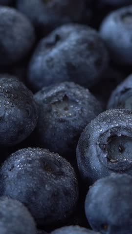 Close up of fresh blueberry with water drops rotate in circle. Food background. Harvesting, agriculture. Vertical shot