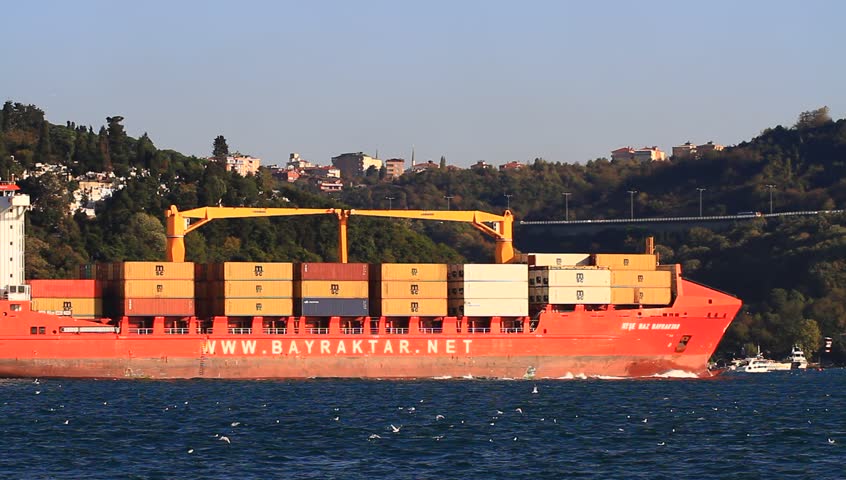 ISTANBUL - OCT 26: Container Ship AYSE NAZ BAYRAKTAR (IMO: 9397420, Turkey) on