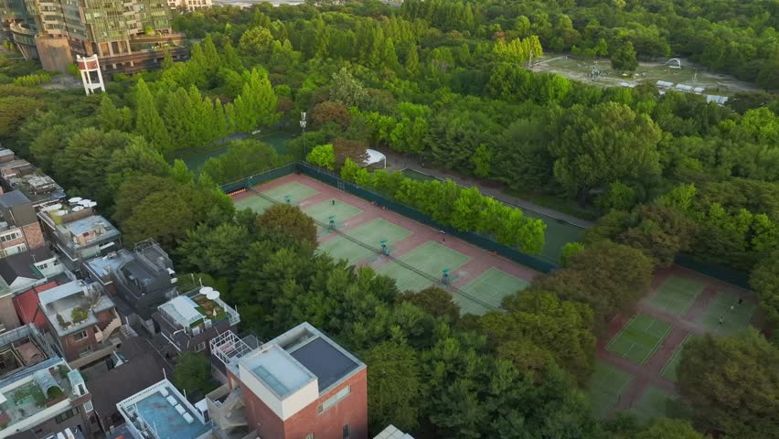 Drone View of Seoul city in South Korea, Seongsu large bride, Seoul Forest, Summer, 60fps