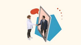 Stop motion. Animation. Business people shaking hands via tablet symbolizing online cooperation and negotiations. Celebrating successful deal. Concept of career development, growth, promotion - Powered by Shutterstock - Get 15% off with code: PIKWIZARD15