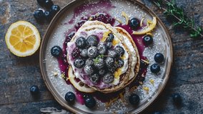 Top view of mouthwatering blueberry pancakes with powdered sugar and lemon garnish, served on a rustic wooden table. - Powered by Shutterstock - Get 15% off with code: PIKWIZARD15