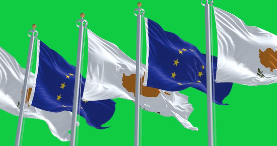 Cyprus national flags waving in the wind with the European Union flags isolated on green background. Seamless 3D render animation. Chroma key. Slow motion loop. Green screen. 4K. Selective focus