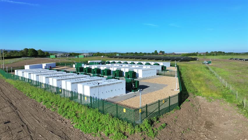 Battery Storage Packs and Solar Array for Green Power Aerial View