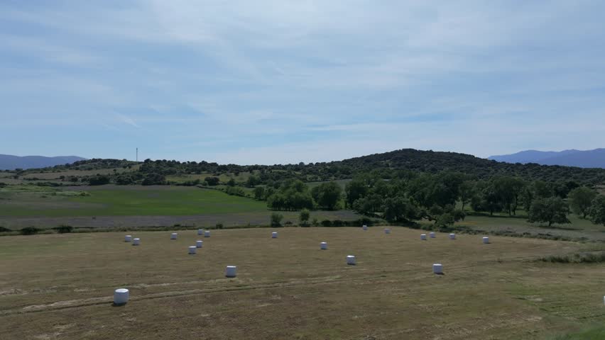 Reverse flight with a drone over an area of ​​green meadows and in one of them the grass has been cut and there are large round bales of straw covered with white plastic in the province of Ávila