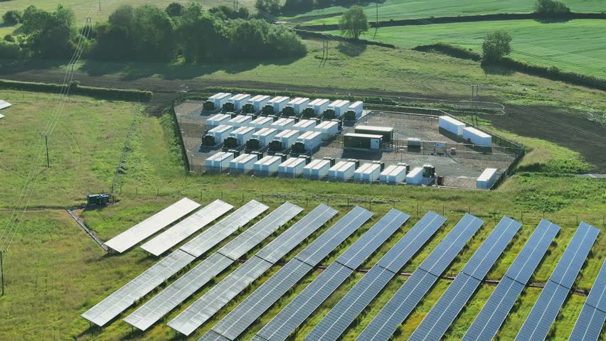 Battery Storage Packs and Solar Array for Green Power Aerial View