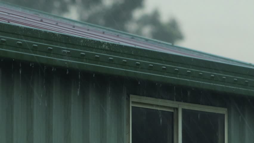 Thunderstorm Heavy Rain On Garage Shed Very Windy Australia Victoria Gippsland Maffra Close Up