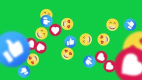 A lot of social media reactions moving up and falling down. Social media reactions animation isolated on green and black screens. Like, love and happy reactions animation. Heart eyes icons. - Powered by Shutterstock - Get 15% off with code: PIKWIZARD15