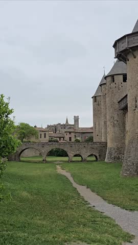 High definition vertical video of medieval castle Chateau Comtal, Medieval fortress of Carcassonne, Cite de Carcassonne at Carcassonne, Département Aude, Languedoc-Roussillon