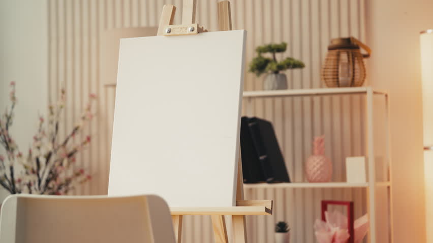 Wooden easel with a clean canvas standing in art studio, painting equipment