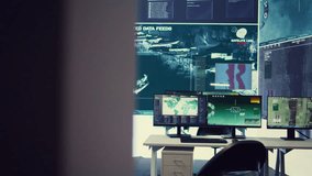 Empty military control room headquarters with a big display used to monitor global surveillance system with a world map. Army intelligence equipment and satellite radar footage, operation room. - Powered by Shutterstock - Get 15% off with code: PIKWIZARD15