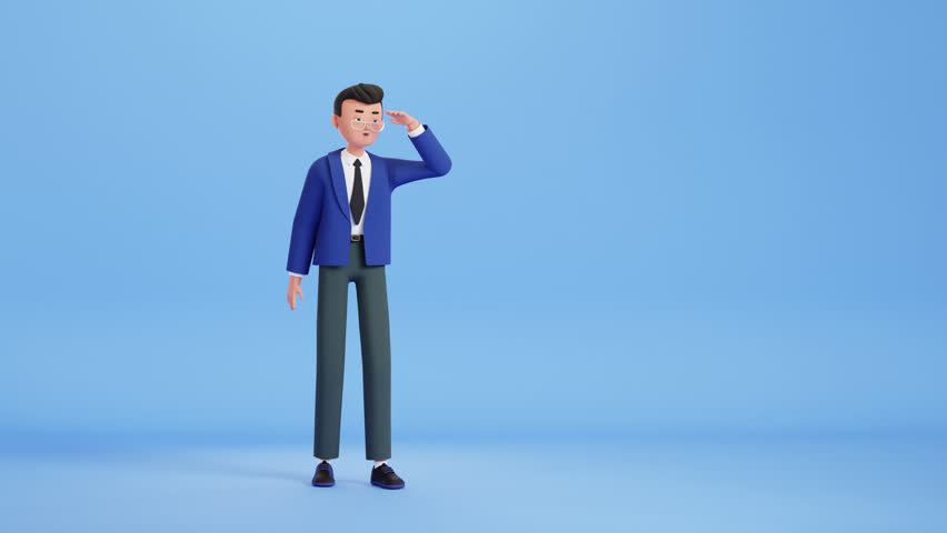 Business man character looking far away, holding hand above the eyes. Searching, expecting something, waiting, trying to see in distance. curious guy in suit. 3d render stock animation