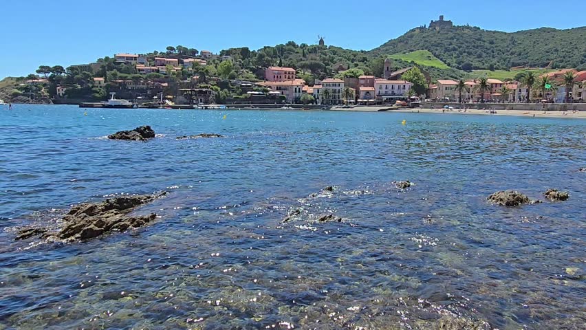 High definition video of the pristine waters of Collioure Beach, Plage de Collioure, a picturesque french town on the Mediterranean coast of Southern France