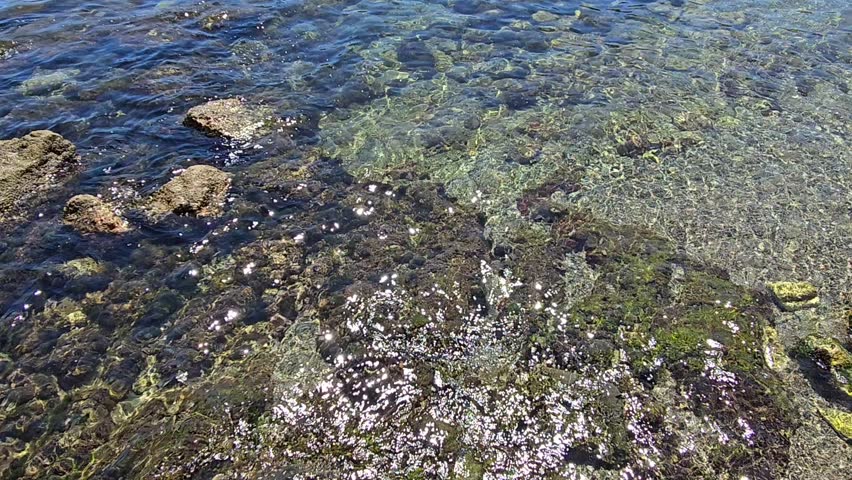 High definition pan up video of the pristine waters of Collioure Beach, Plage de Collioure, a picturesque french town on the Mediterranean coast of Southern France